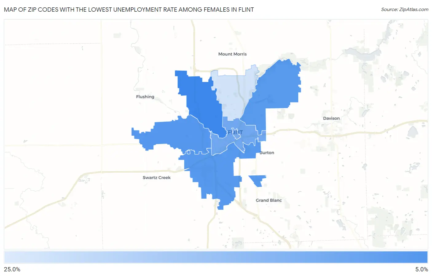 Zip Codes with the Lowest Unemployment Rate Among Females in Flint Map