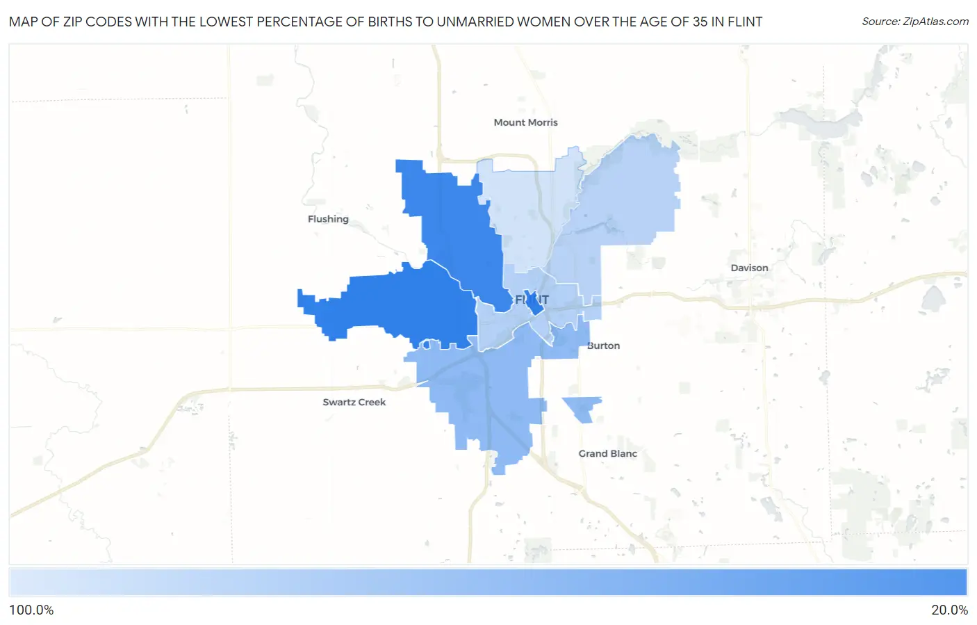 Zip Codes with the Lowest Percentage of Births to Unmarried Women over the Age of 35 in Flint Map
