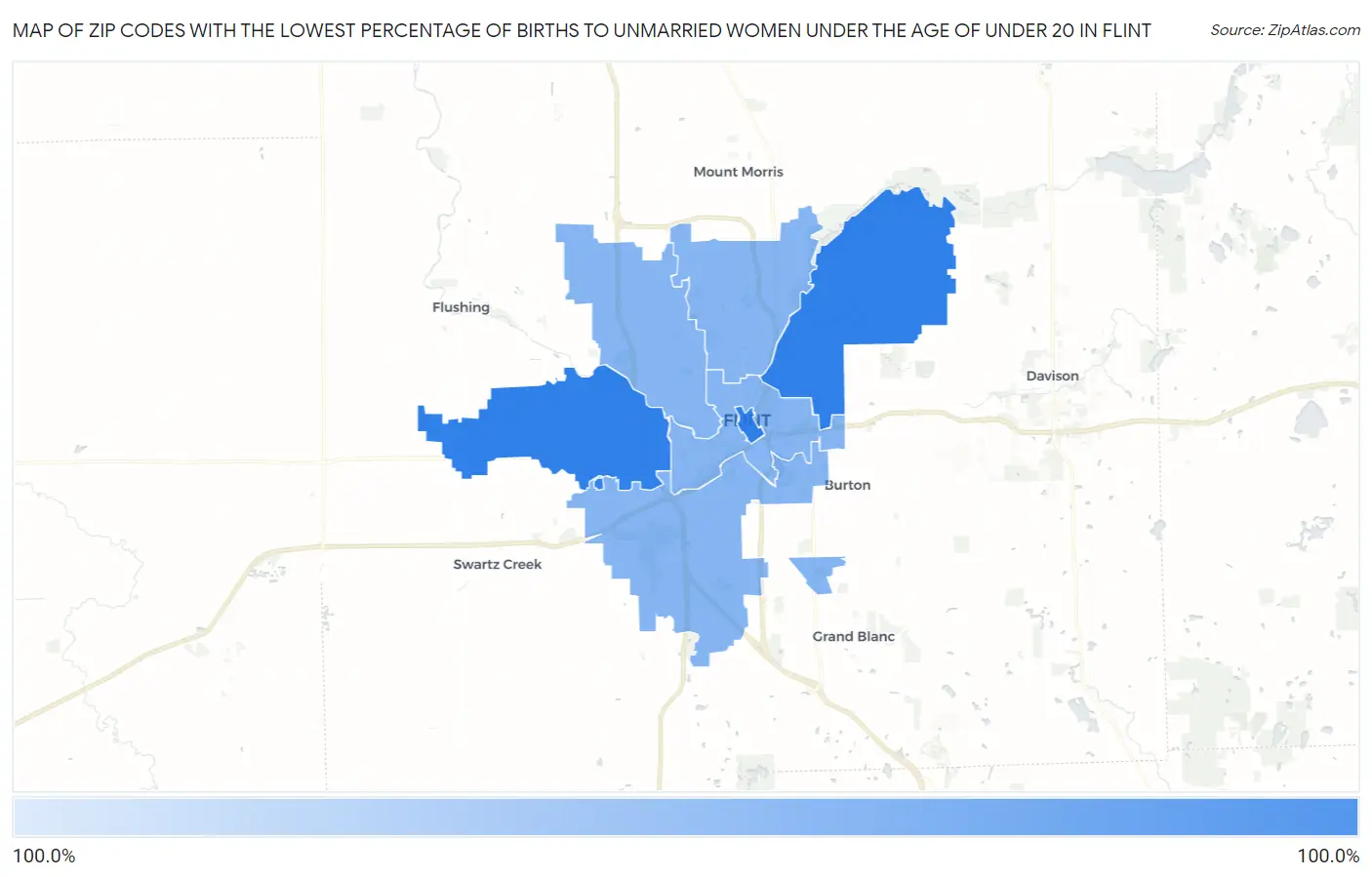 Zip Codes with the Lowest Percentage of Births to Unmarried Women under the Age of under 20 in Flint Map