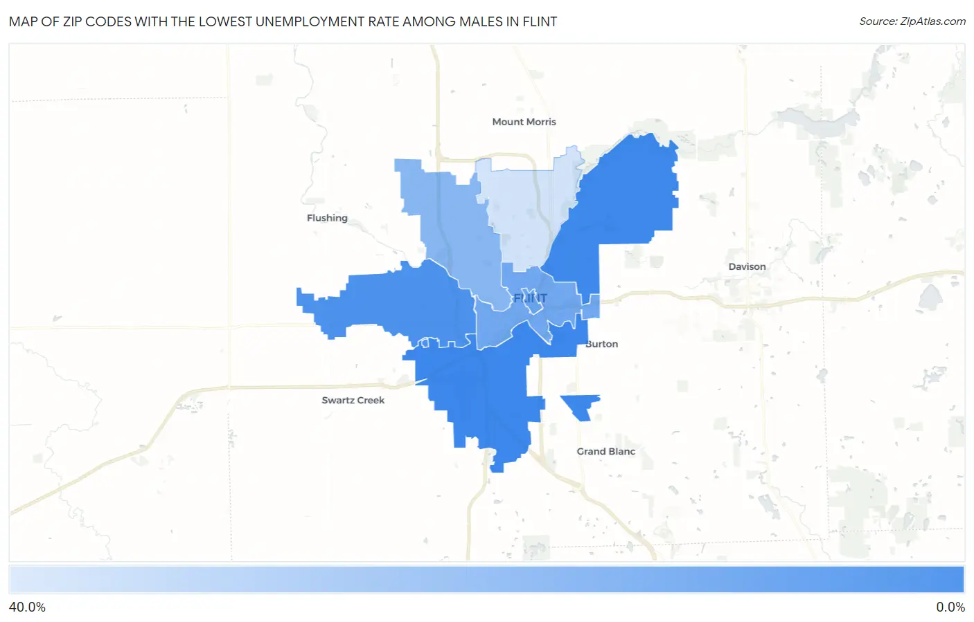 Zip Codes with the Lowest Unemployment Rate Among Males in Flint Map