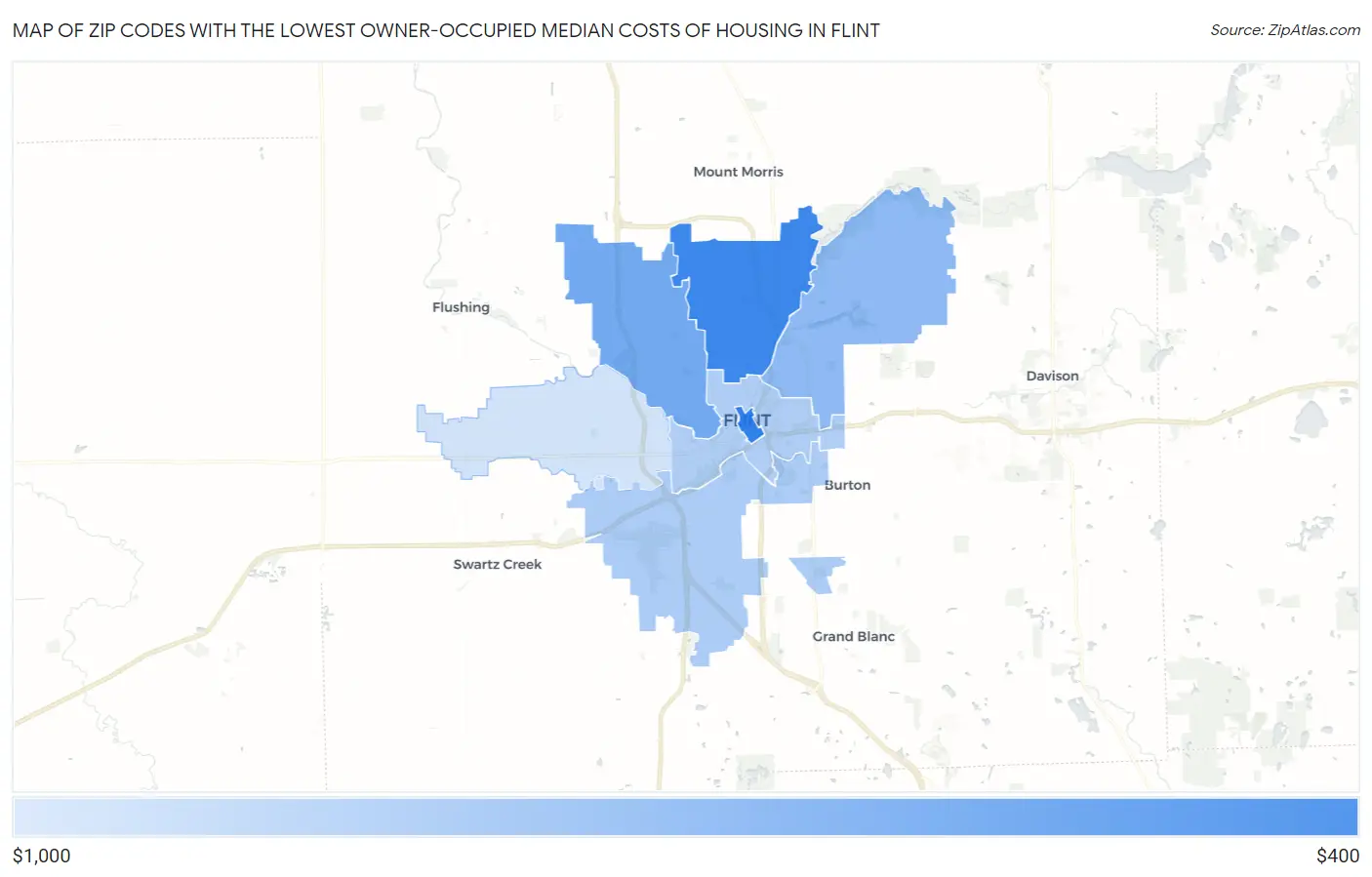 Zip Codes with the Lowest Owner-Occupied Median Costs of Housing in Flint Map