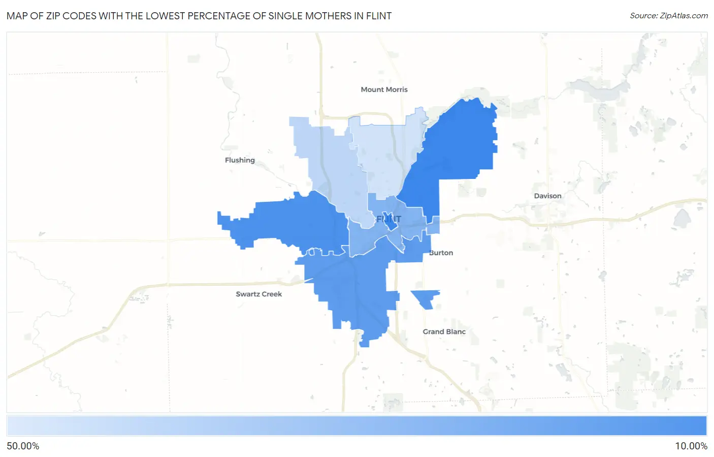 Zip Codes with the Lowest Percentage of Single Mothers in Flint Map