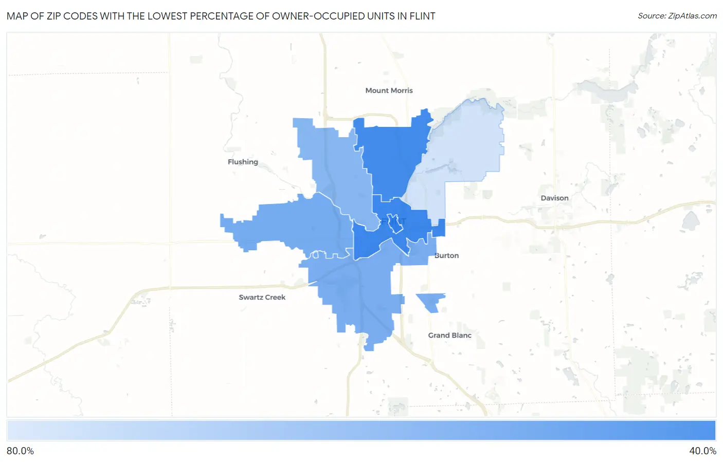 Zip Codes with the Lowest Percentage of Owner-Occupied Units in Flint Map
