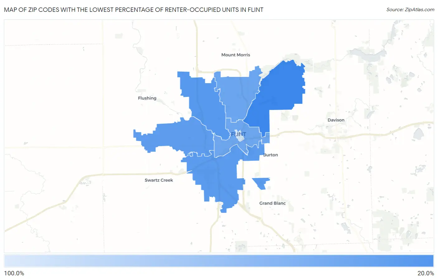 Zip Codes with the Lowest Percentage of Renter-Occupied Units in Flint Map