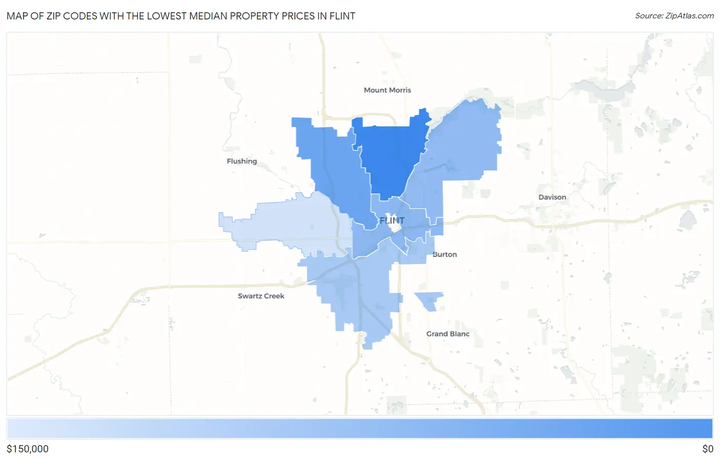 Zip Codes with the Lowest Median Property Prices in Flint Map