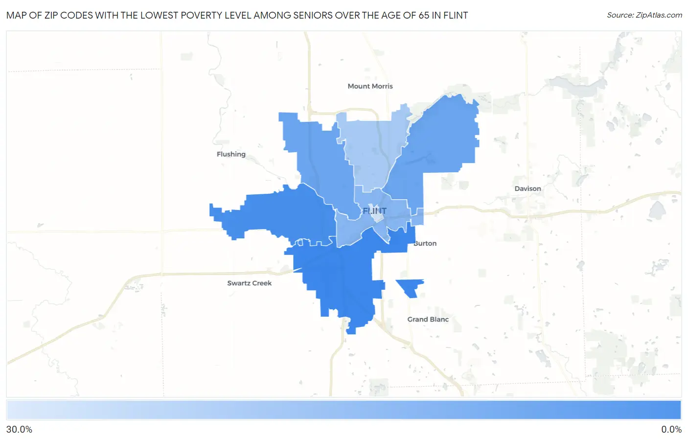 Zip Codes with the Lowest Poverty Level Among Seniors Over the Age of 65 in Flint Map