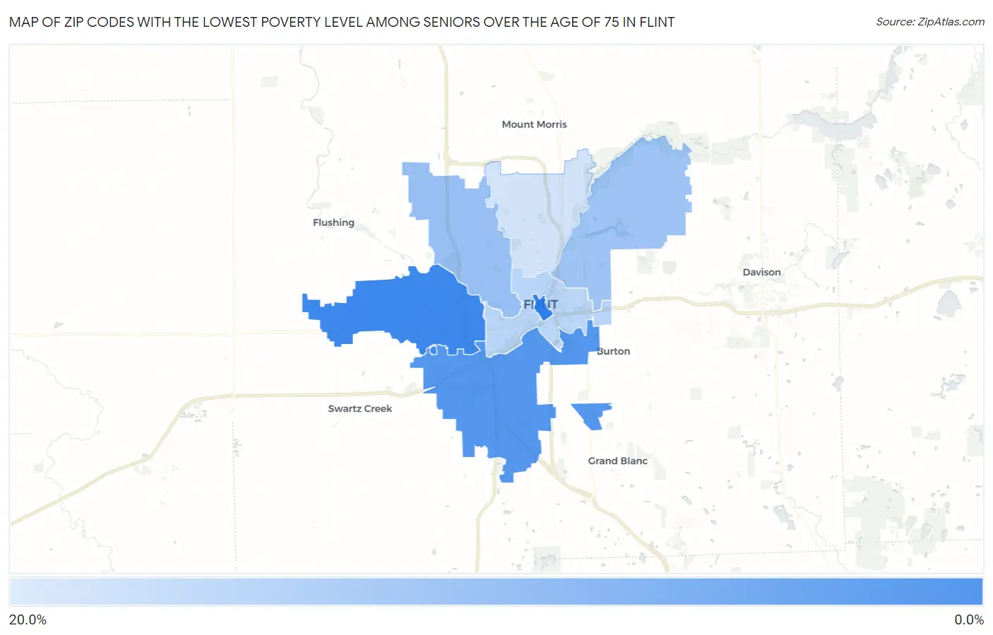 Zip Codes with the Lowest Poverty Level Among Seniors Over the Age of 75 in Flint Map