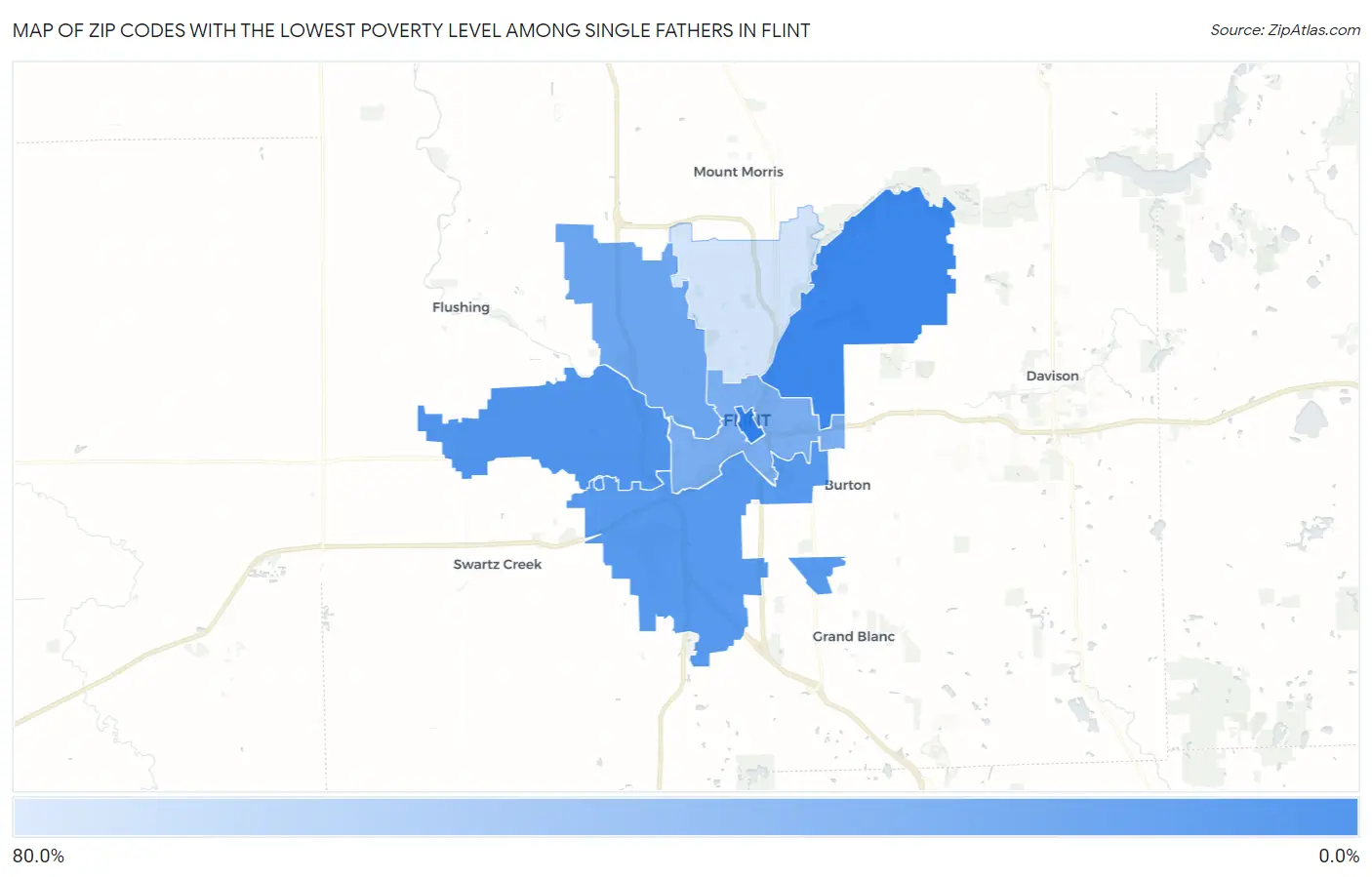 Zip Codes with the Lowest Poverty Level Among Single Fathers in Flint Map