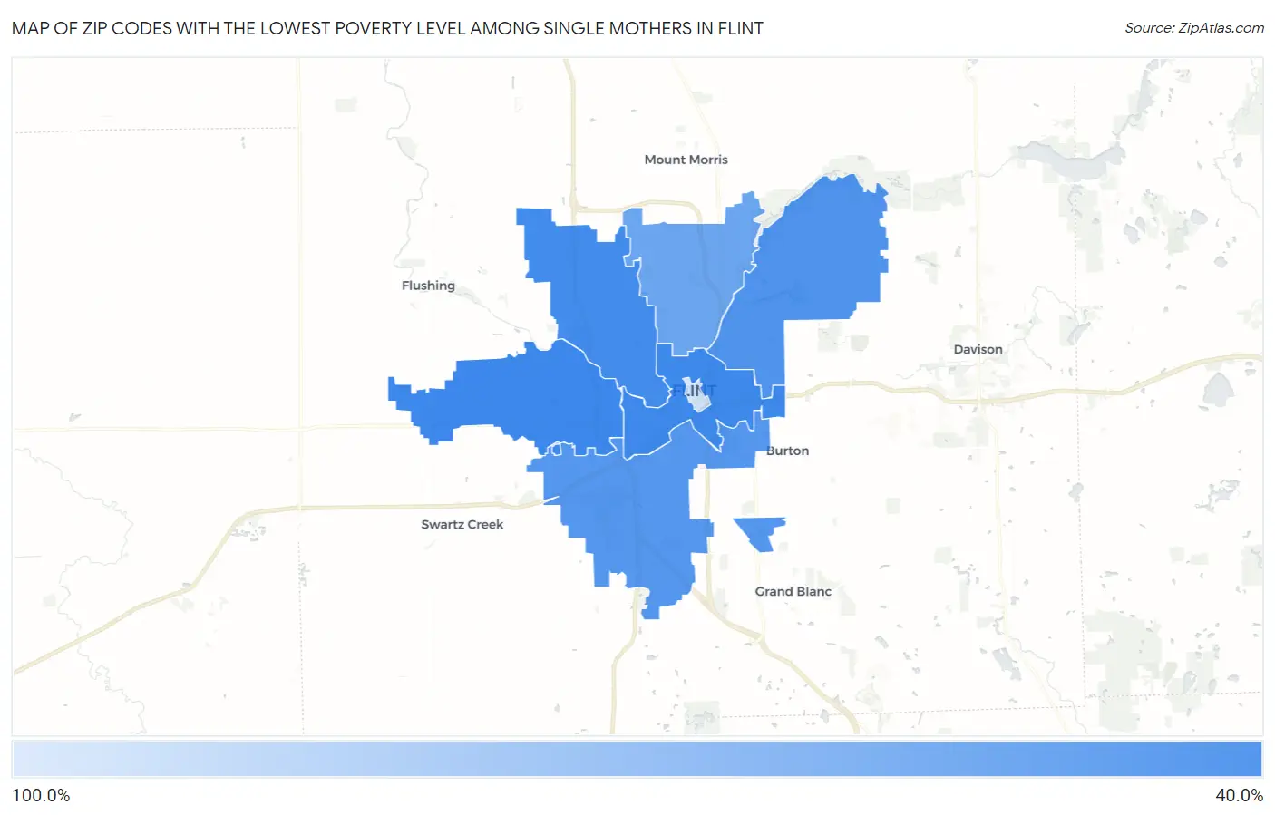 Zip Codes with the Lowest Poverty Level Among Single Mothers in Flint Map