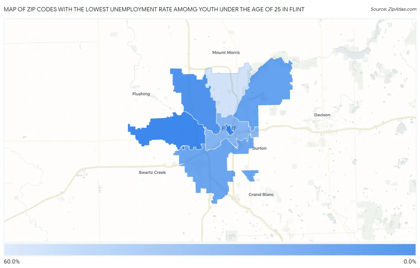 Zip Codes with the Lowest Unemployment Rate Amomg Youth Under the Age of 25 in Flint Map
