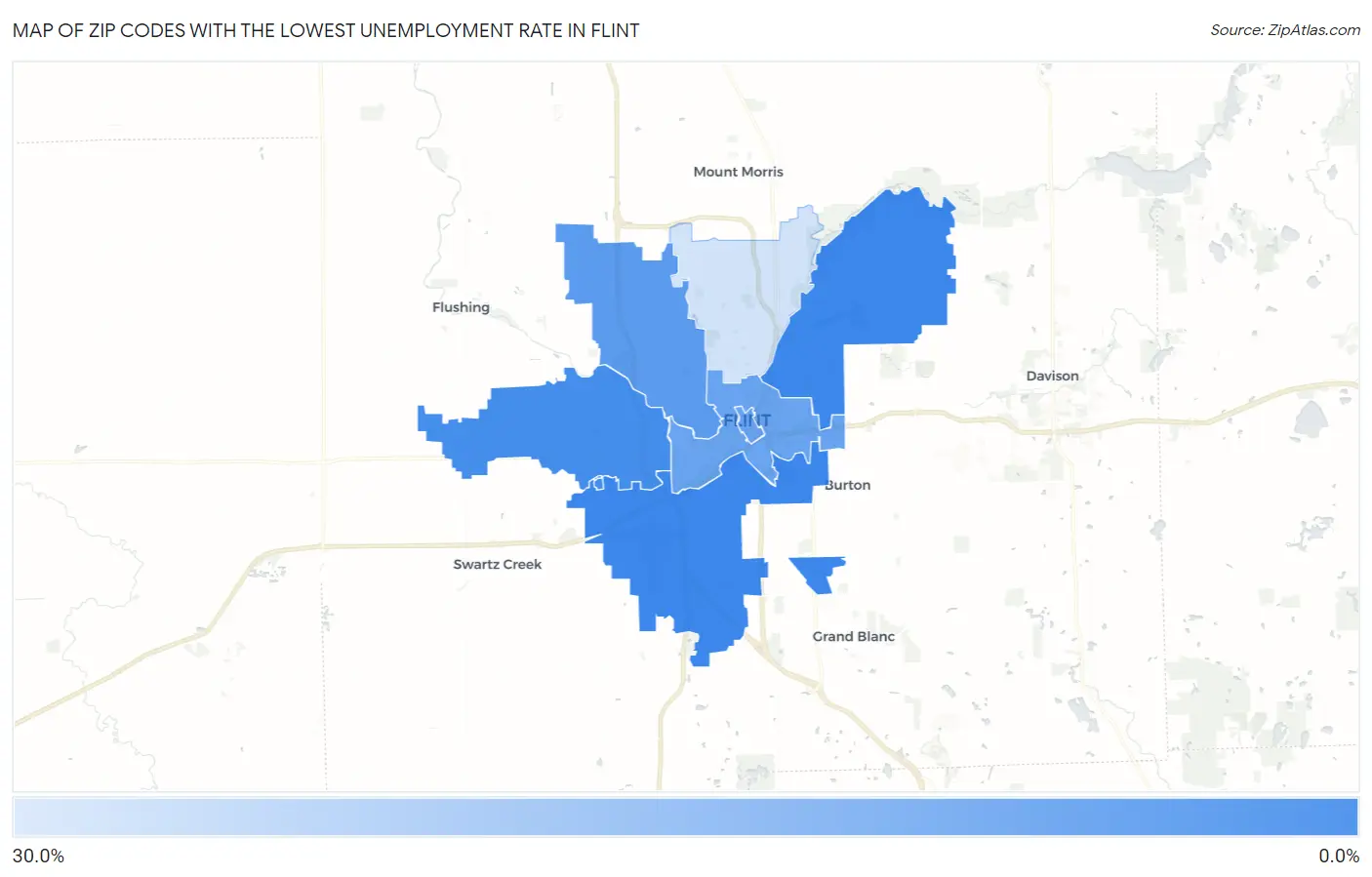 Zip Codes with the Lowest Unemployment Rate in Flint Map