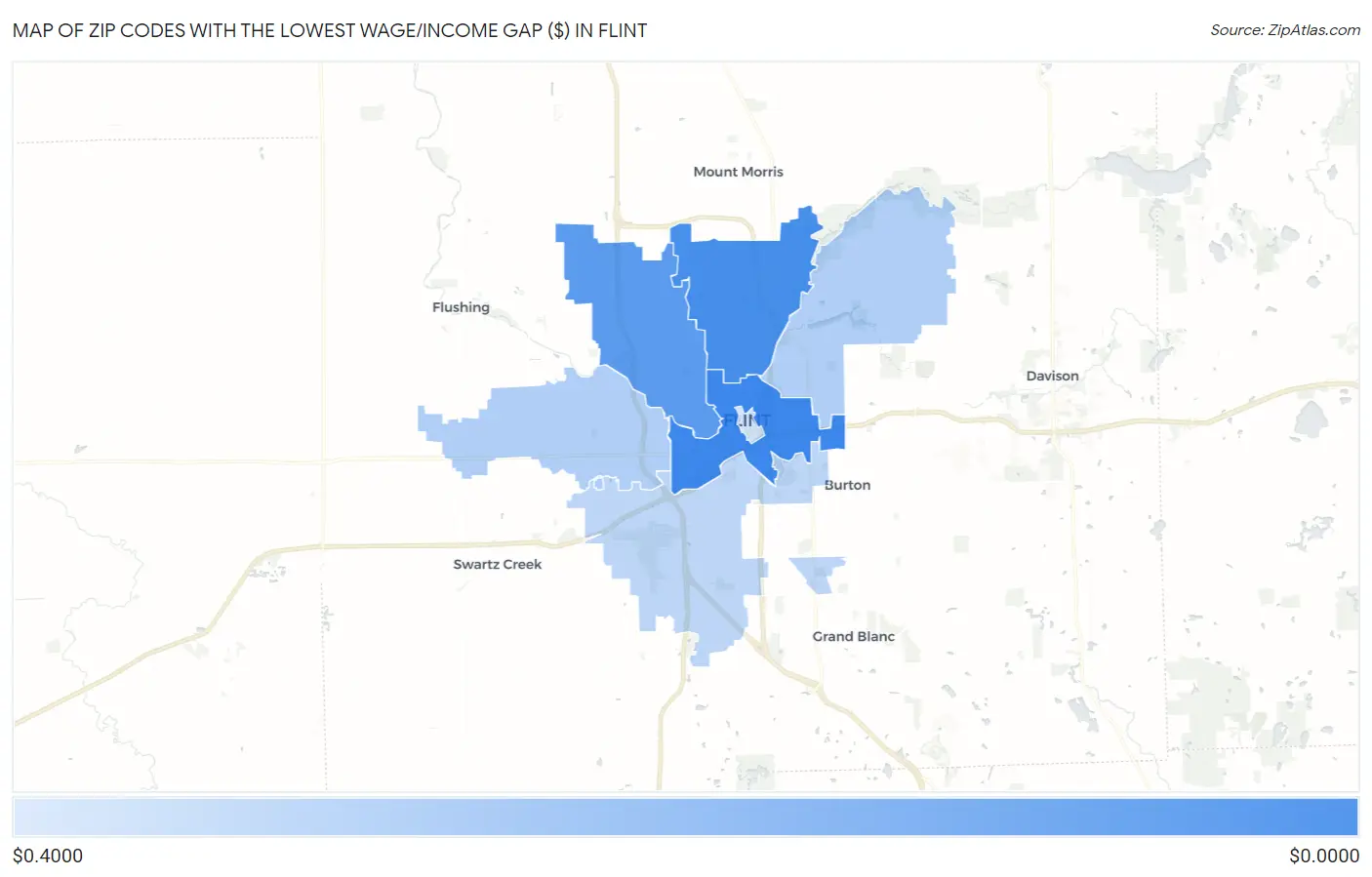 Zip Codes with the Lowest Wage/Income Gap ($) in Flint Map