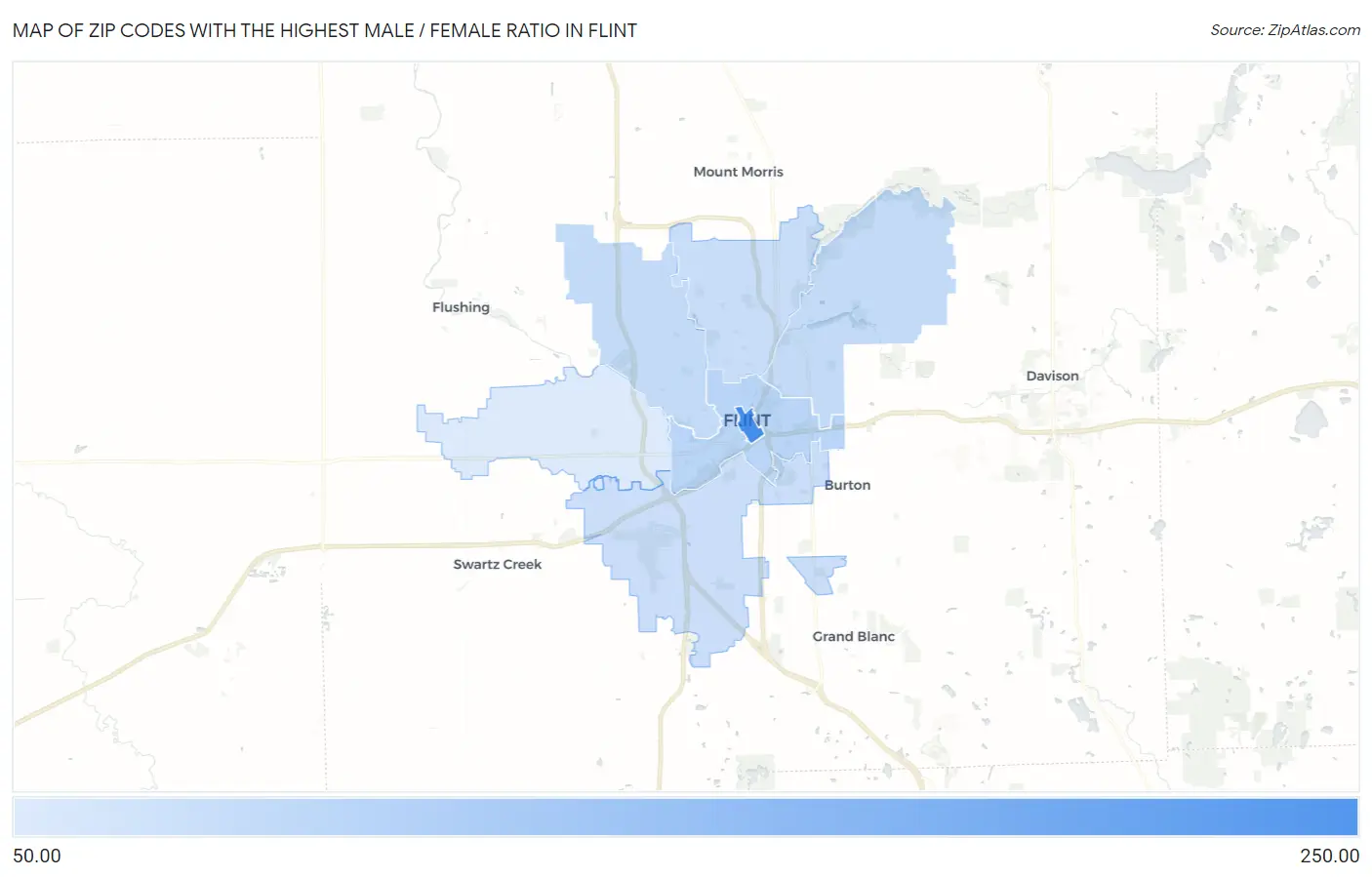 Zip Codes with the Highest Male / Female Ratio in Flint Map