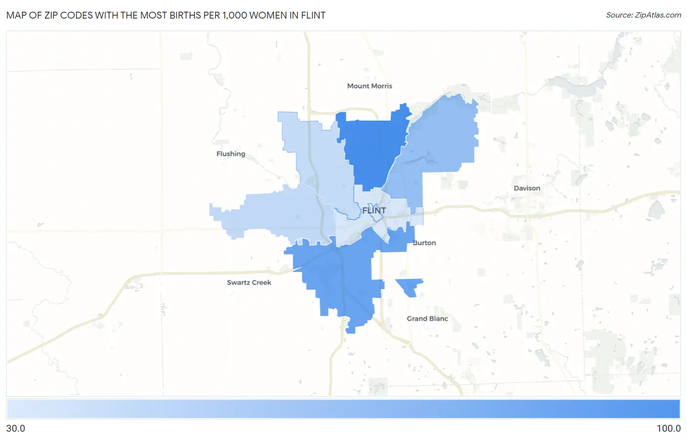 Zip Codes with the Most Births per 1,000 Women in Flint Map