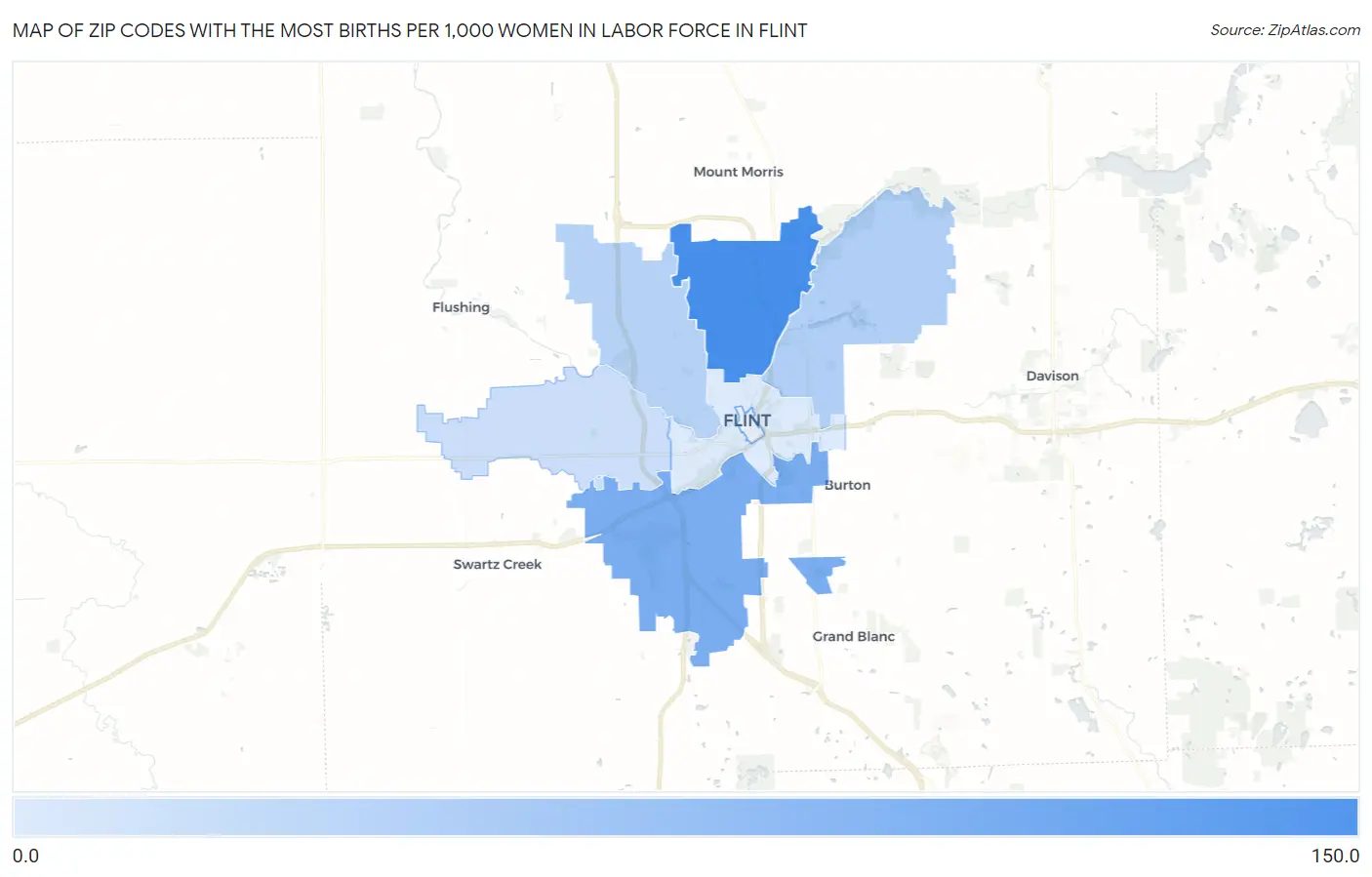 Zip Codes with the Most Births per 1,000 Women in Labor Force in Flint Map
