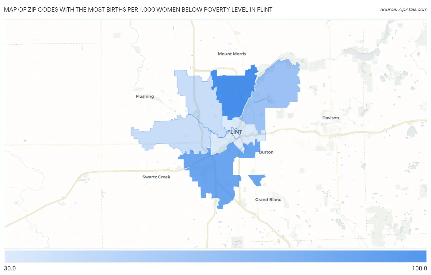 Zip Codes with the Most Births per 1,000 Women Below Poverty Level in Flint Map