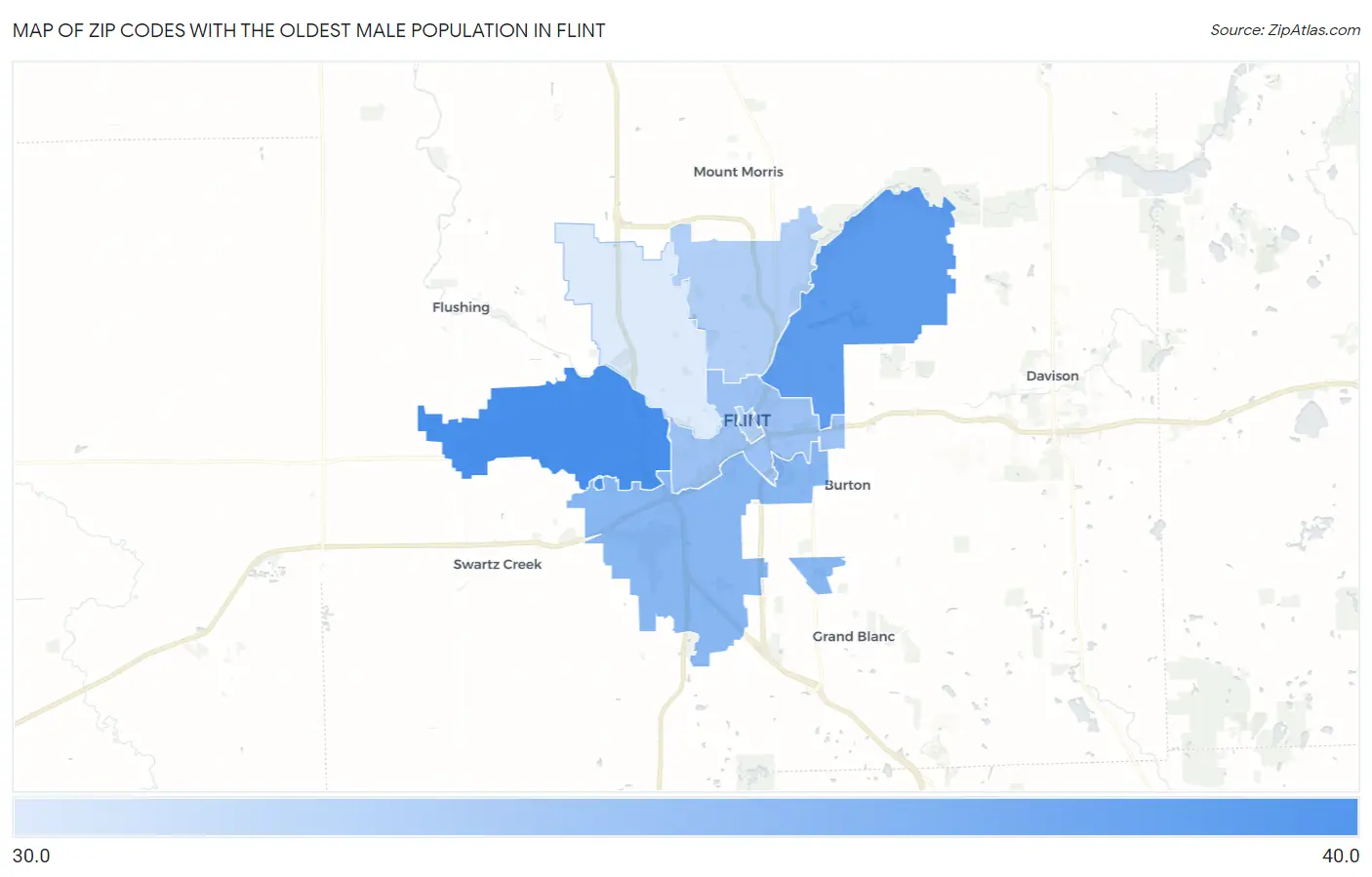 Zip Codes with the Oldest Male Population in Flint Map