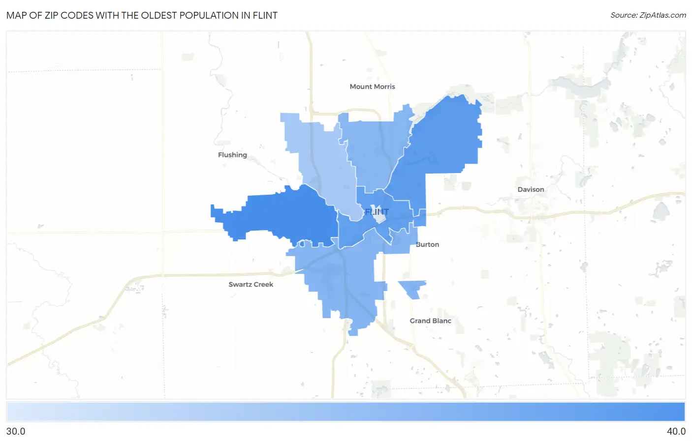 Zip Codes with the Oldest Population in Flint Map