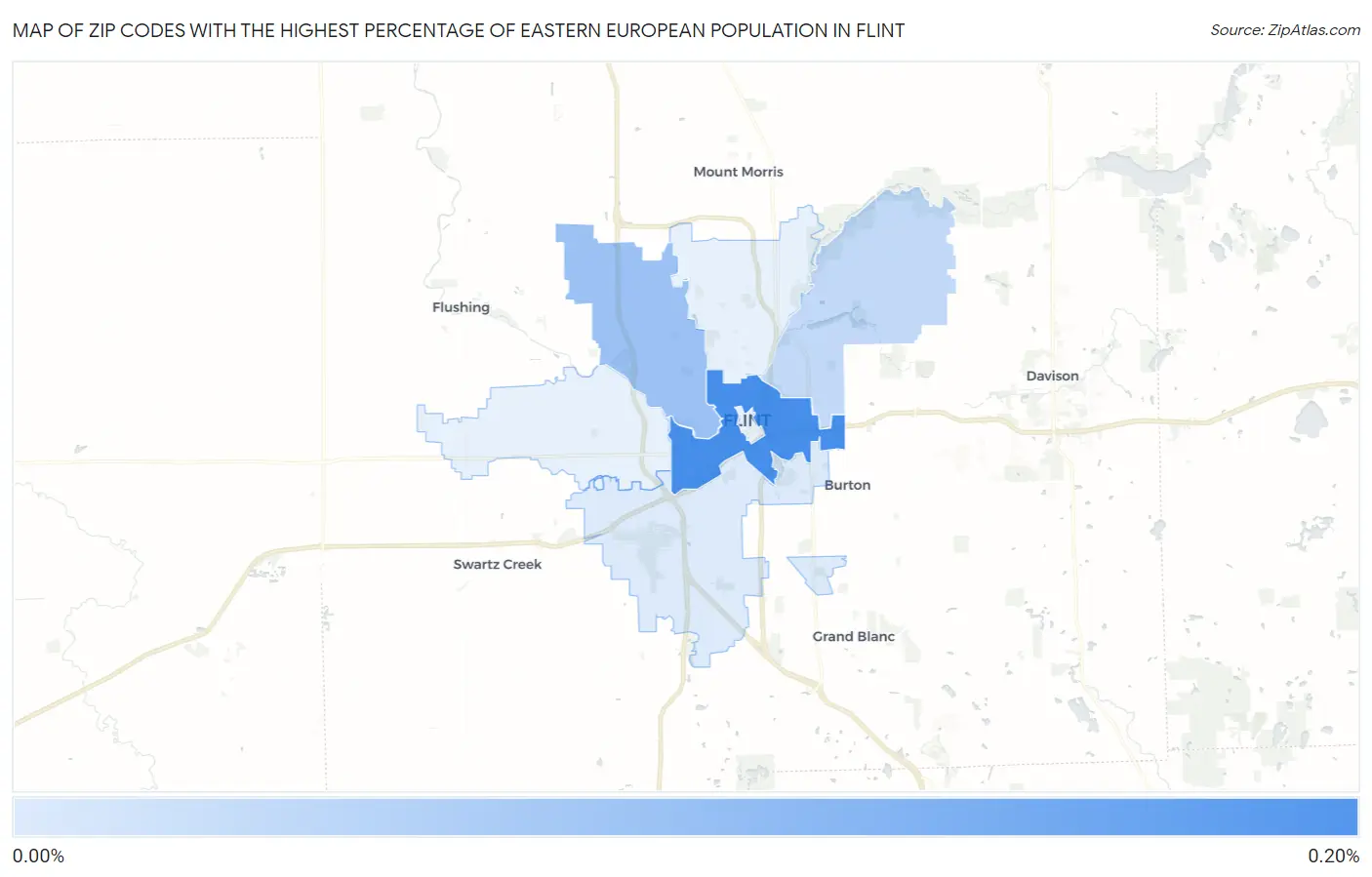 Zip Codes with the Highest Percentage of Eastern European Population in Flint Map