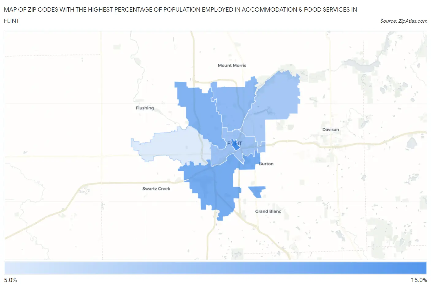 Zip Codes with the Highest Percentage of Population Employed in Accommodation & Food Services in Flint Map