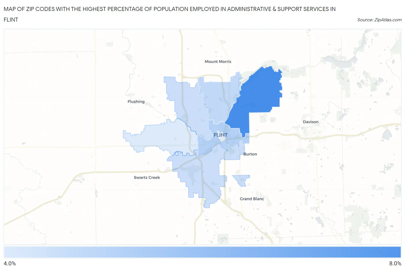 Zip Codes with the Highest Percentage of Population Employed in Administrative & Support Services in Flint Map