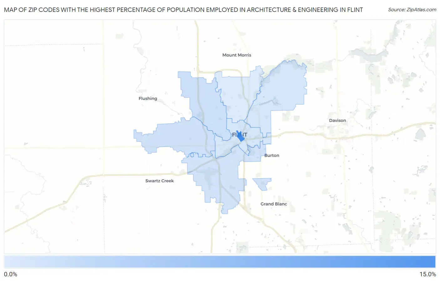 Zip Codes with the Highest Percentage of Population Employed in Architecture & Engineering in Flint Map