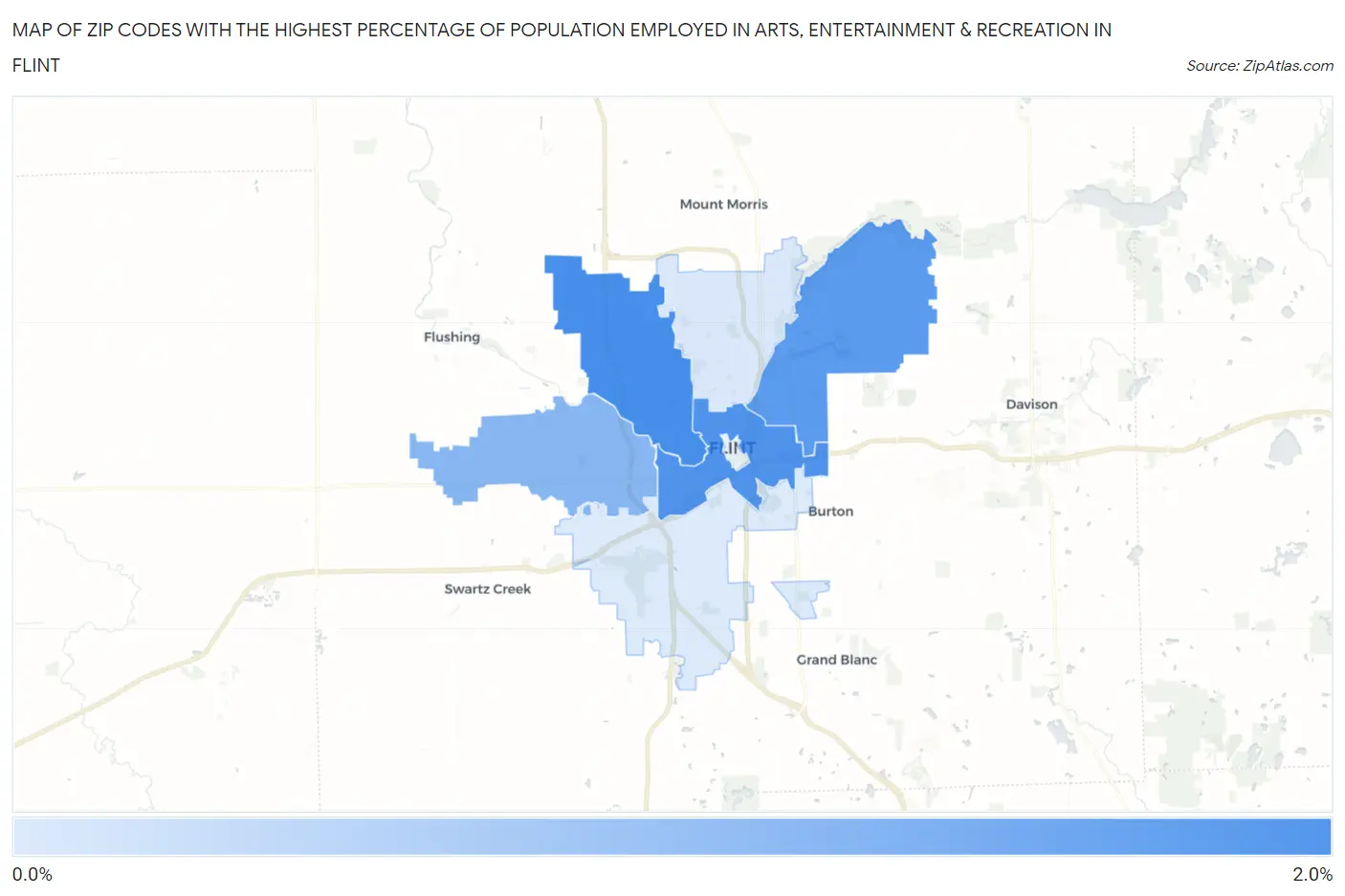 Zip Codes with the Highest Percentage of Population Employed in Arts, Entertainment & Recreation in Flint Map