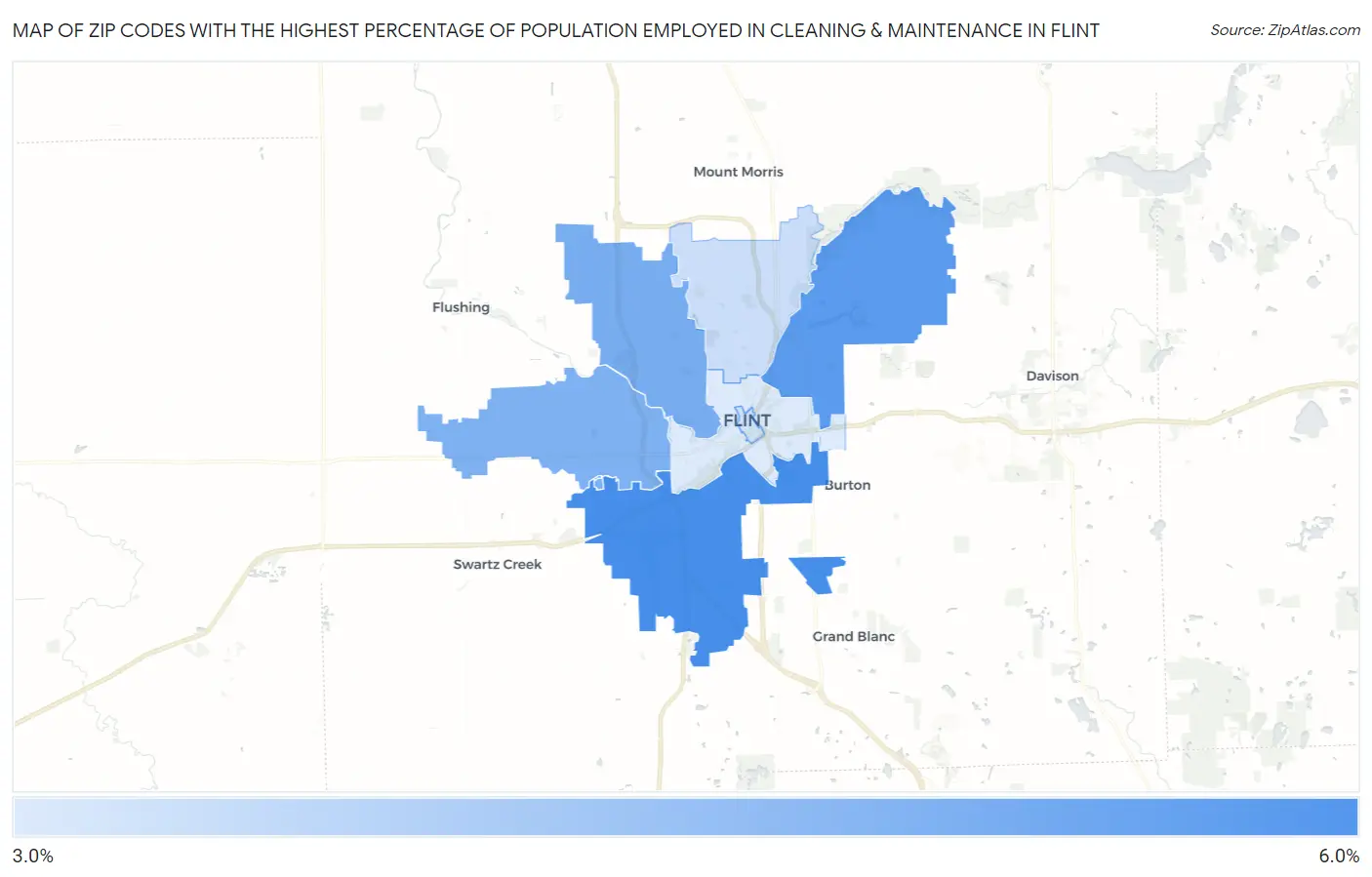 Zip Codes with the Highest Percentage of Population Employed in Cleaning & Maintenance in Flint Map