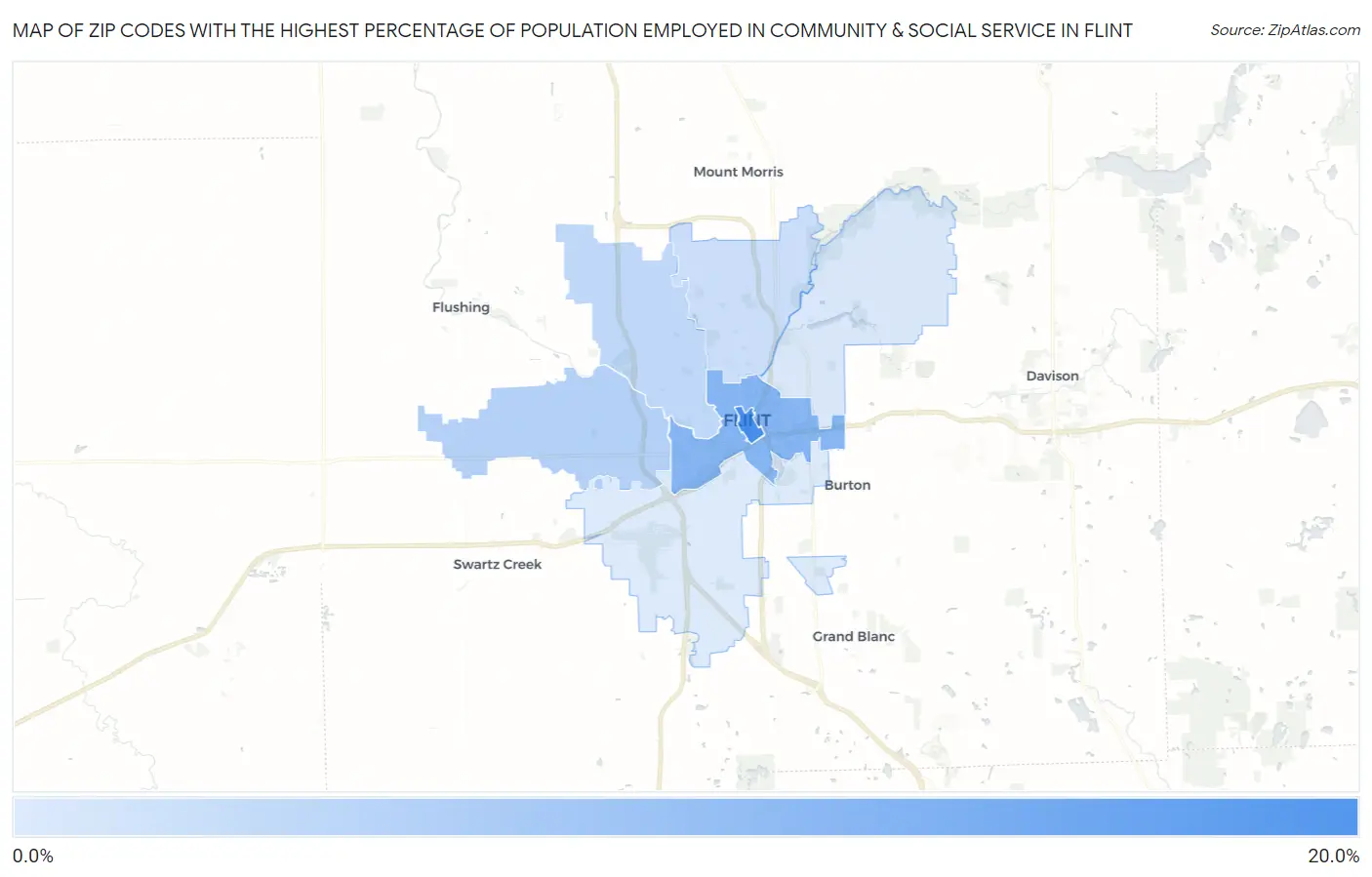 Zip Codes with the Highest Percentage of Population Employed in Community & Social Service  in Flint Map