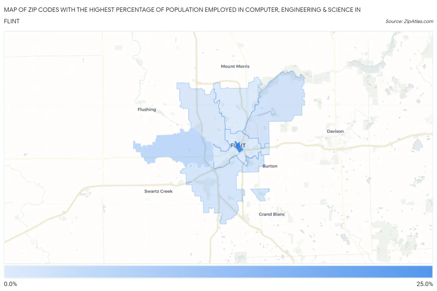 Zip Codes with the Highest Percentage of Population Employed in Computer, Engineering & Science in Flint Map