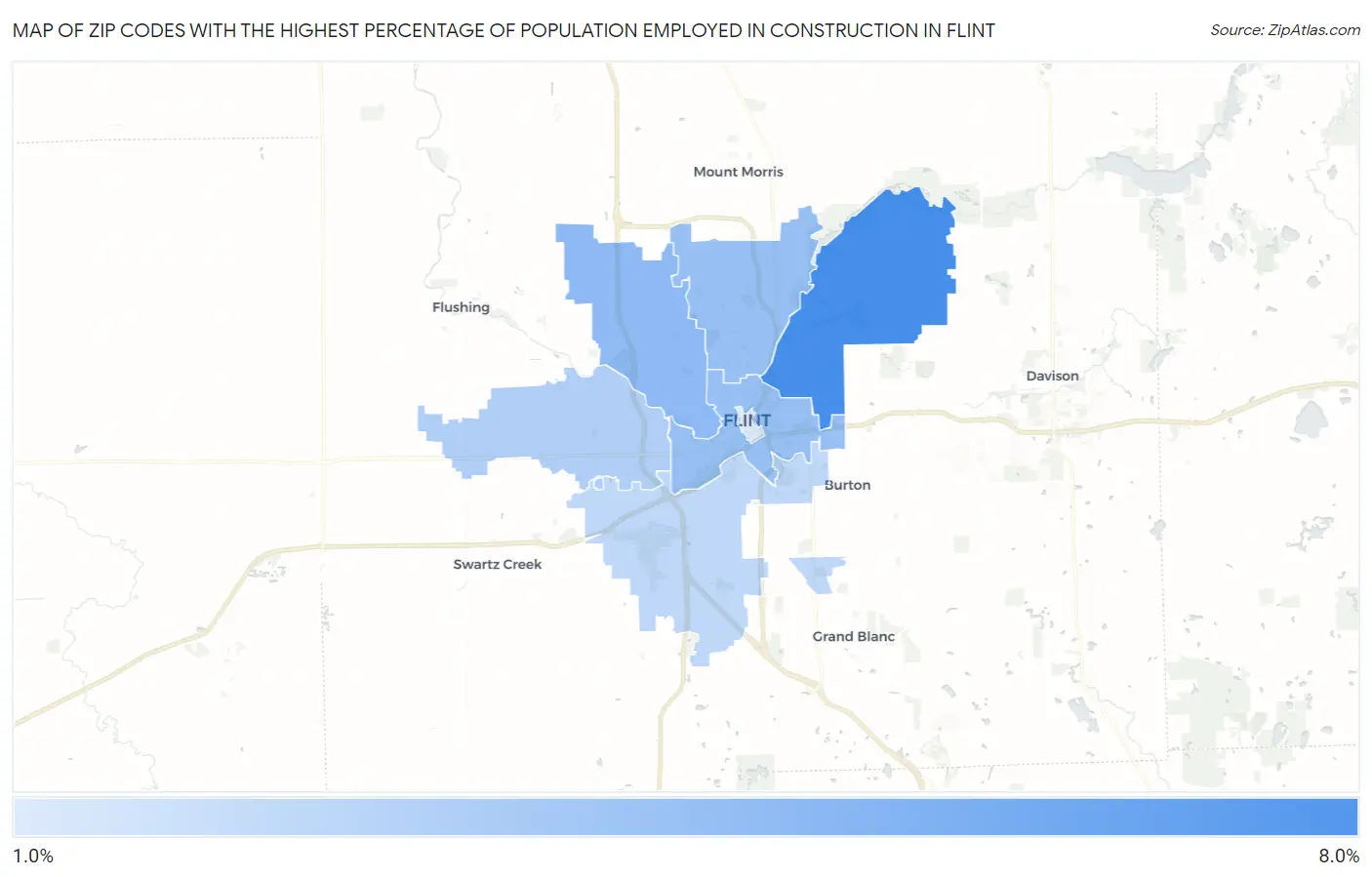 Zip Codes with the Highest Percentage of Population Employed in Construction in Flint Map