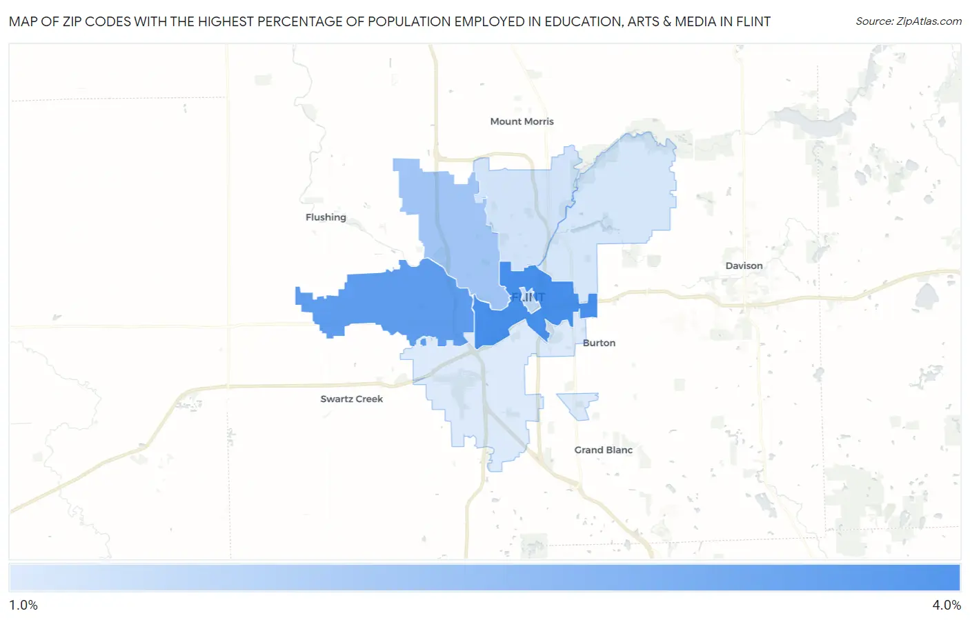 Zip Codes with the Highest Percentage of Population Employed in Education, Arts & Media in Flint Map