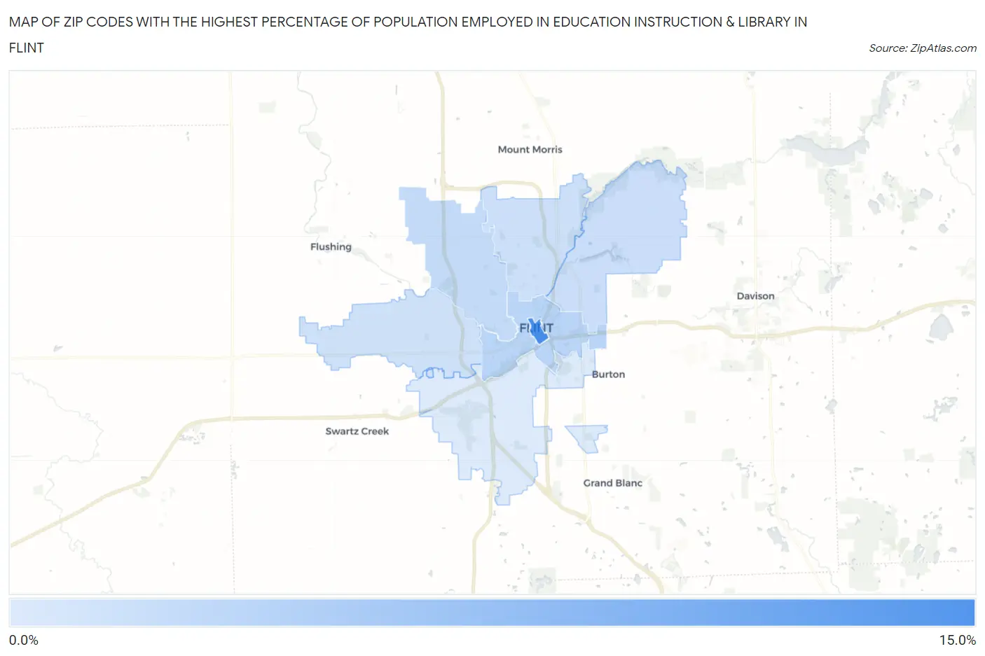 Zip Codes with the Highest Percentage of Population Employed in Education Instruction & Library in Flint Map
