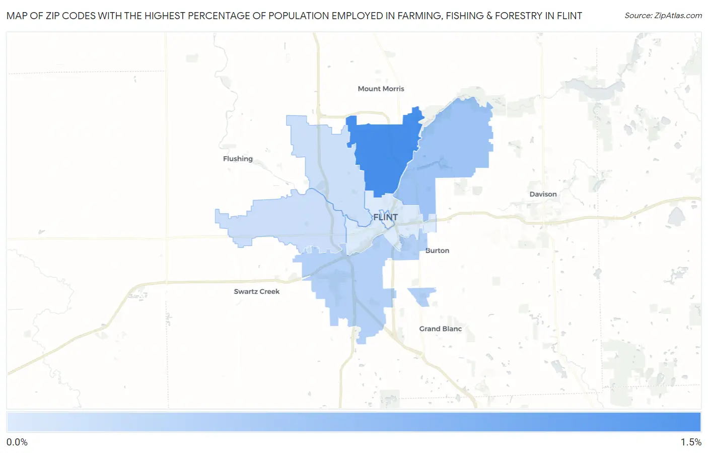 Zip Codes with the Highest Percentage of Population Employed in Farming, Fishing & Forestry in Flint Map