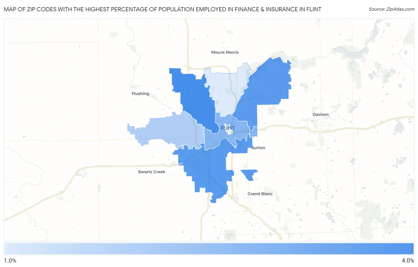 Zip Codes with the Highest Percentage of Population Employed in Finance & Insurance in Flint Map