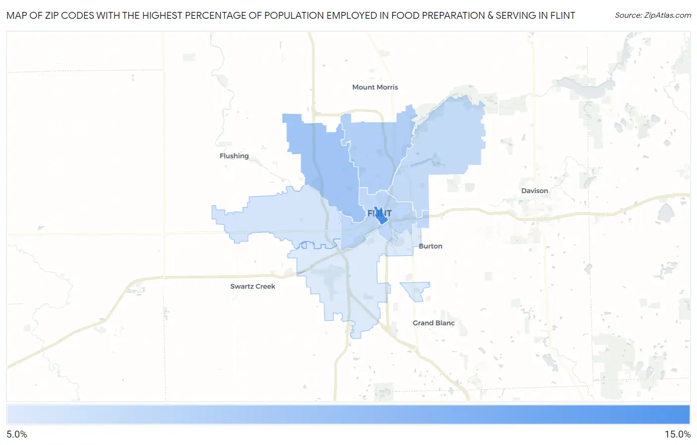Zip Codes with the Highest Percentage of Population Employed in Food Preparation & Serving in Flint Map
