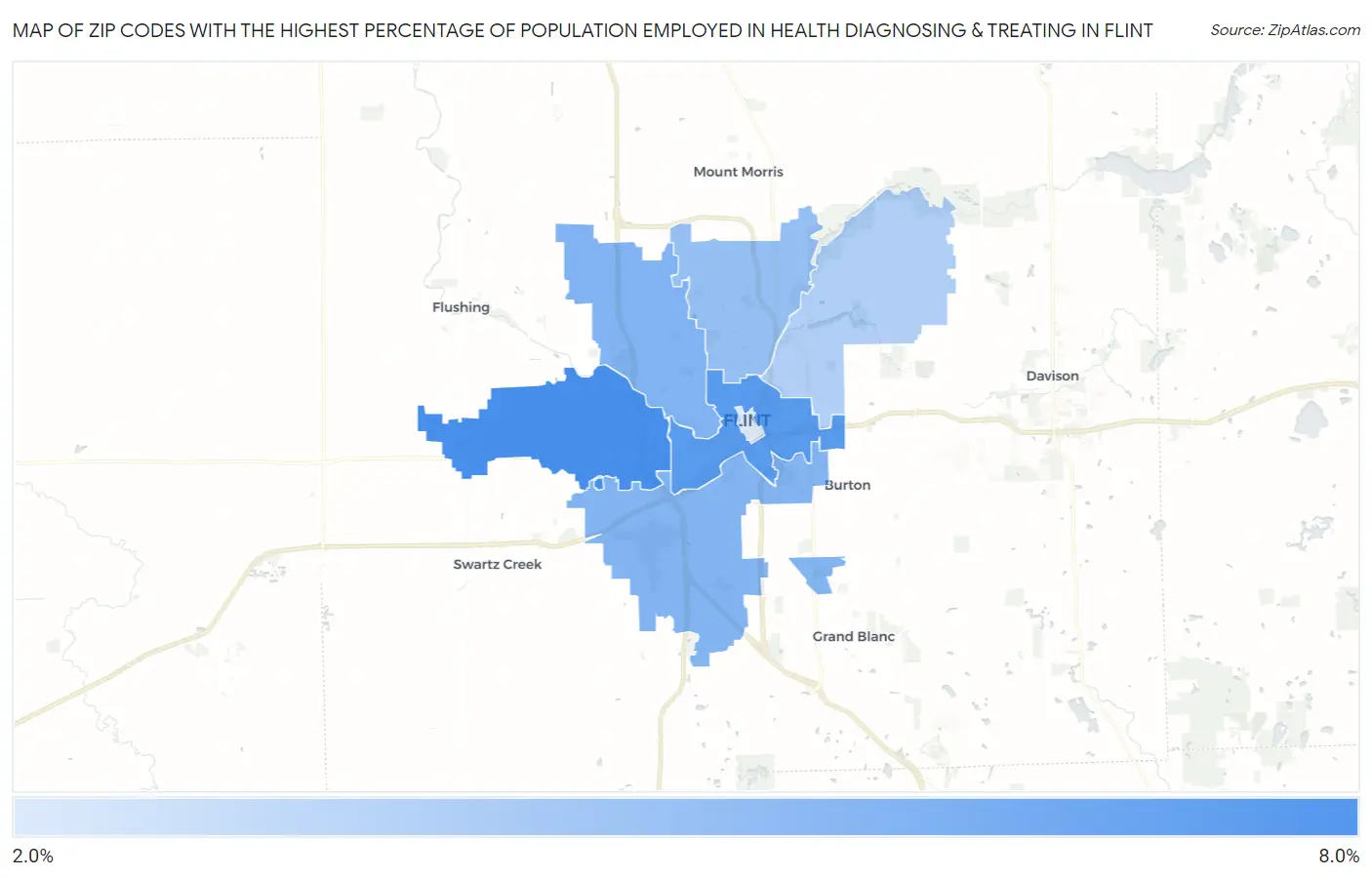 Zip Codes with the Highest Percentage of Population Employed in Health Diagnosing & Treating in Flint Map