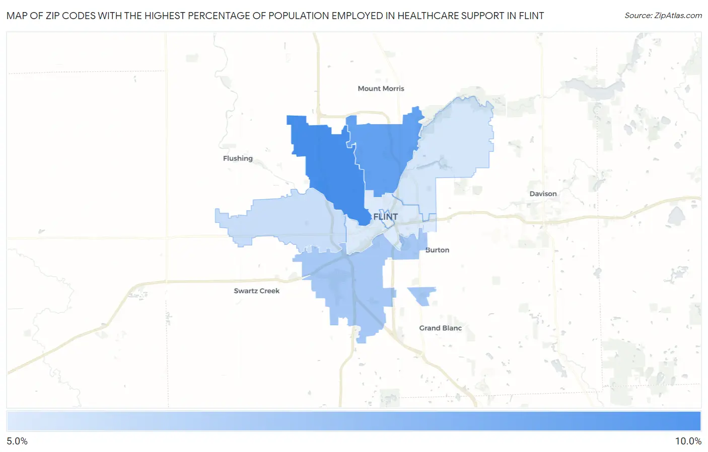 Zip Codes with the Highest Percentage of Population Employed in Healthcare Support in Flint Map