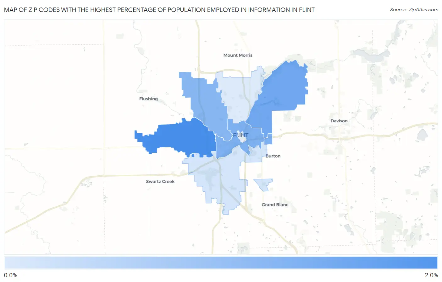 Zip Codes with the Highest Percentage of Population Employed in Information in Flint Map