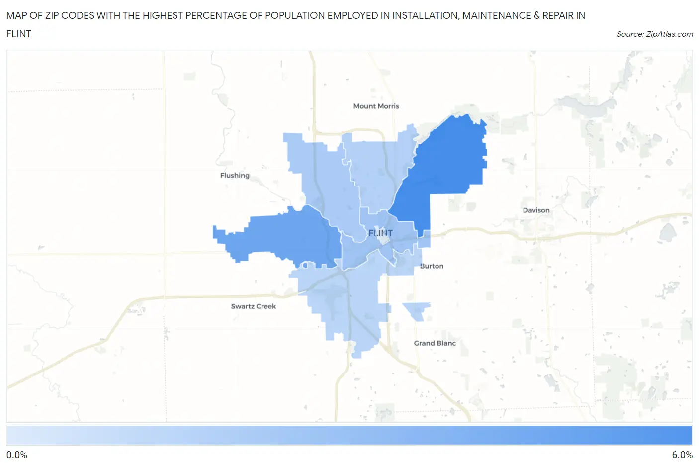 Zip Codes with the Highest Percentage of Population Employed in Installation, Maintenance & Repair in Flint Map