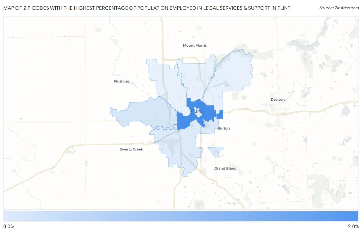 Zip Codes with the Highest Percentage of Population Employed in Legal Services & Support in Flint Map