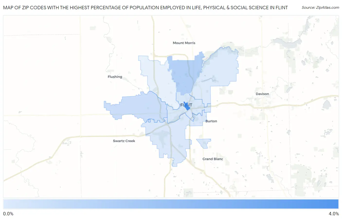 Zip Codes with the Highest Percentage of Population Employed in Life, Physical & Social Science in Flint Map