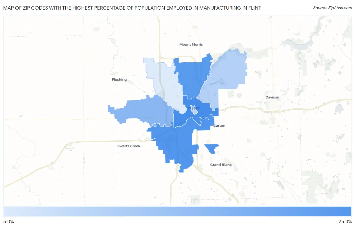 Zip Codes with the Highest Percentage of Population Employed in Manufacturing in Flint Map