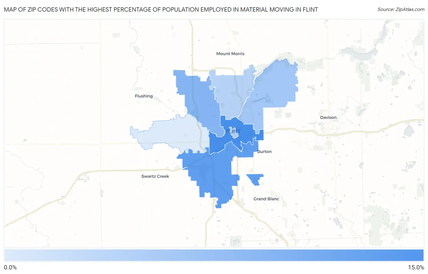 Zip Codes with the Highest Percentage of Population Employed in Material Moving in Flint Map