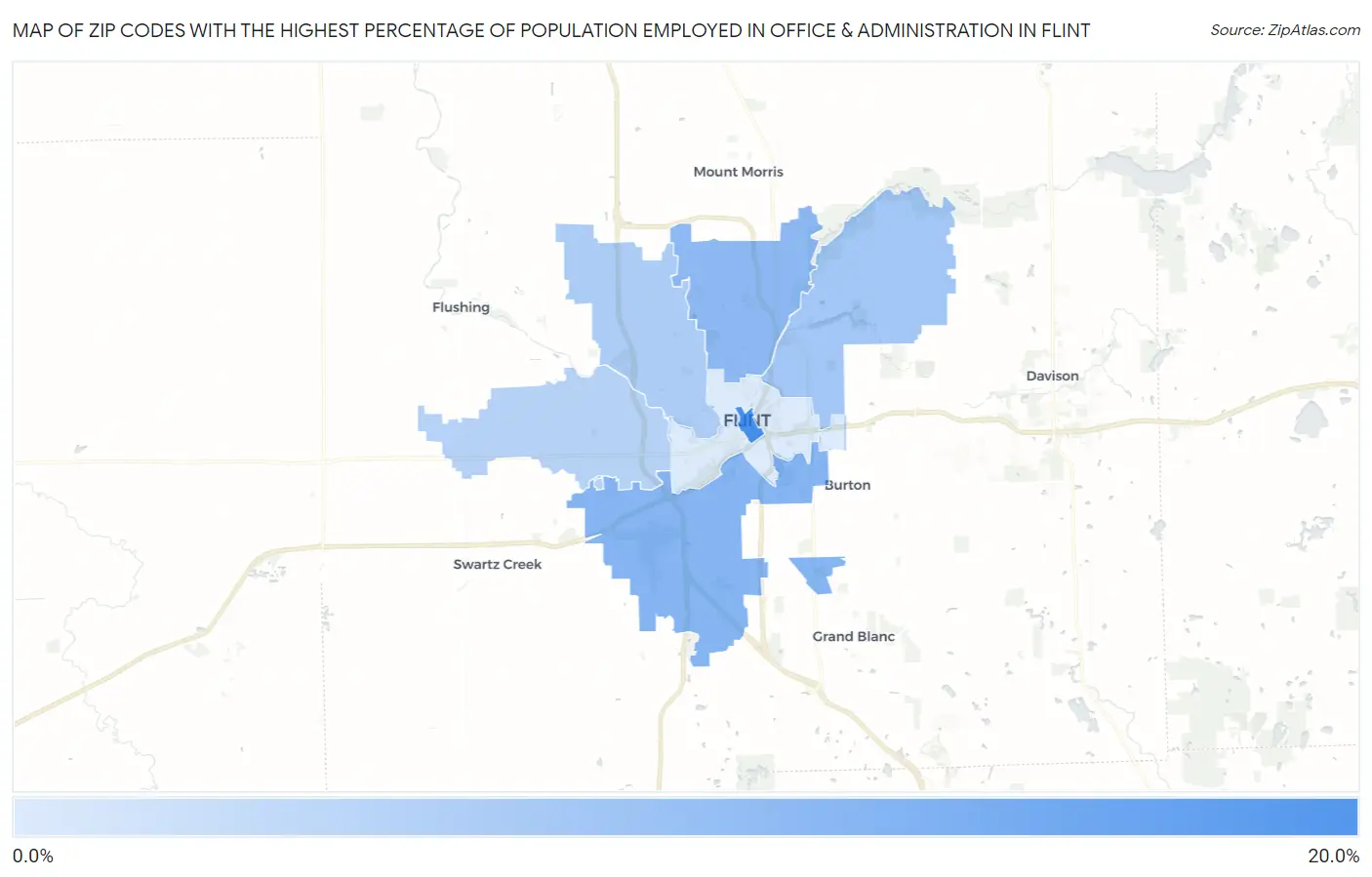 Zip Codes with the Highest Percentage of Population Employed in Office & Administration in Flint Map