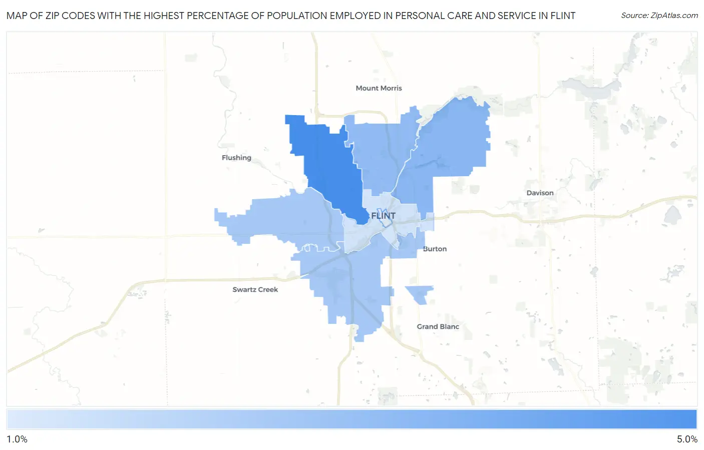 Zip Codes with the Highest Percentage of Population Employed in Personal Care and Service in Flint Map