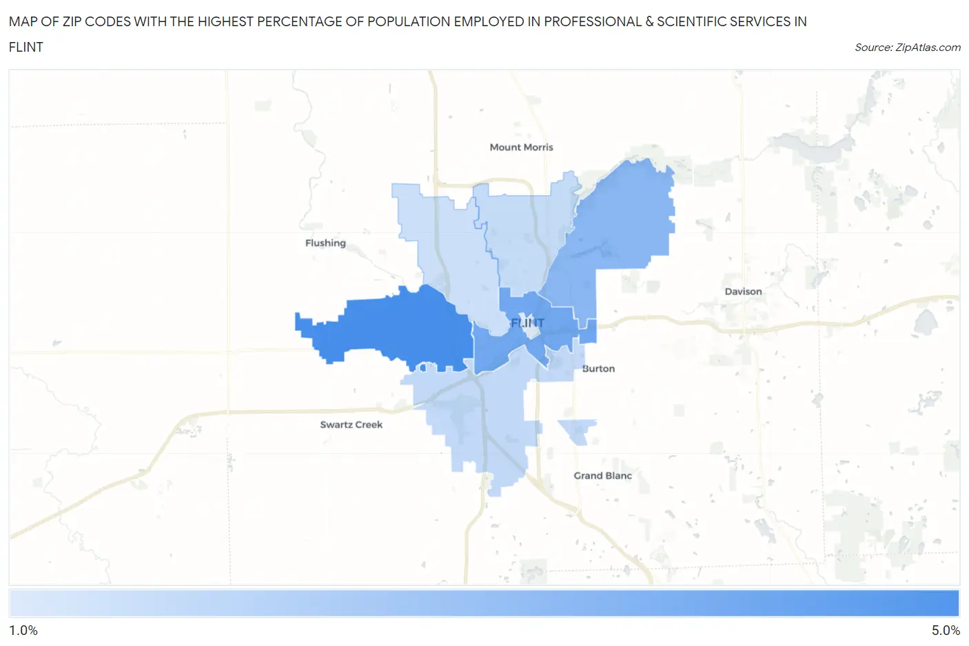 Zip Codes with the Highest Percentage of Population Employed in Professional & Scientific Services in Flint Map