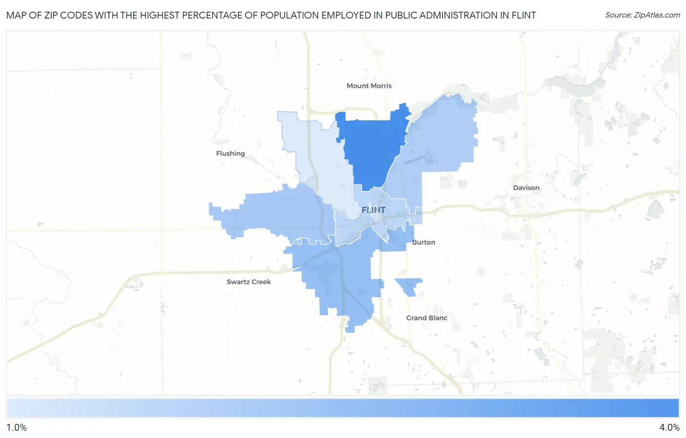 Zip Codes with the Highest Percentage of Population Employed in Public Administration in Flint Map