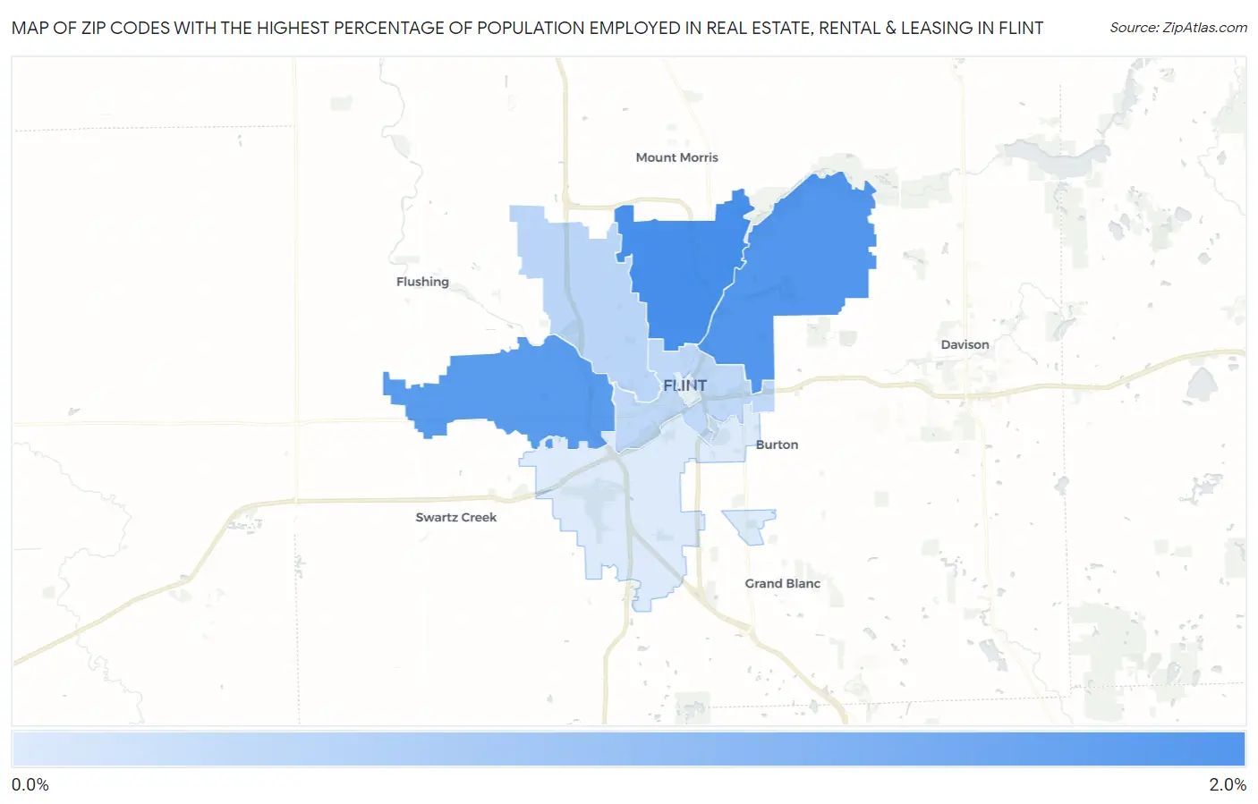 Zip Codes with the Highest Percentage of Population Employed in Real Estate, Rental & Leasing in Flint Map
