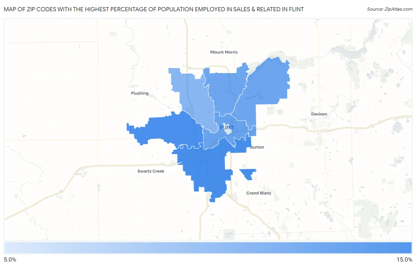 Zip Codes with the Highest Percentage of Population Employed in Sales & Related in Flint Map